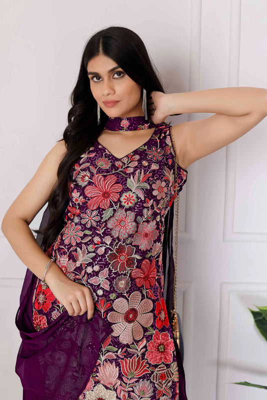 Dark Purple Georgette Palazzo Salwar Suit With Sequence Embroidery Work