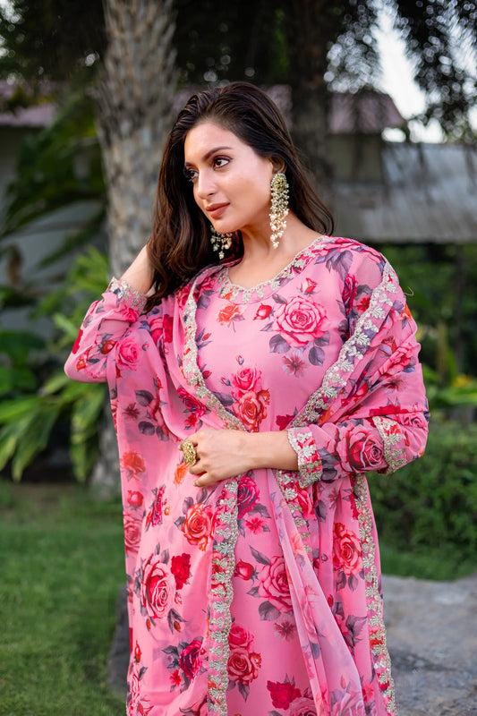 Light Pink Georgette Palazzo Salwar Suit With Floral Print & Embroidery Work