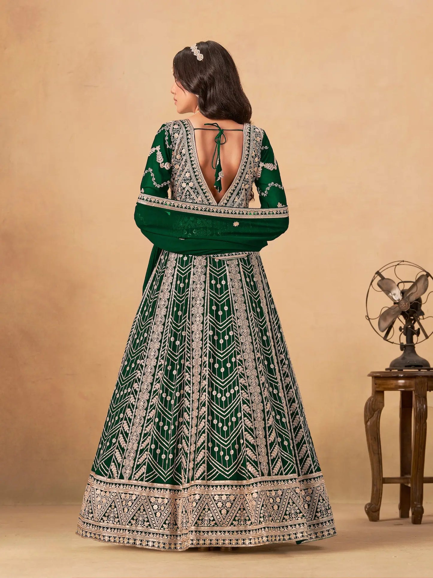 Dark Green Georgette Embroidery Work Gown