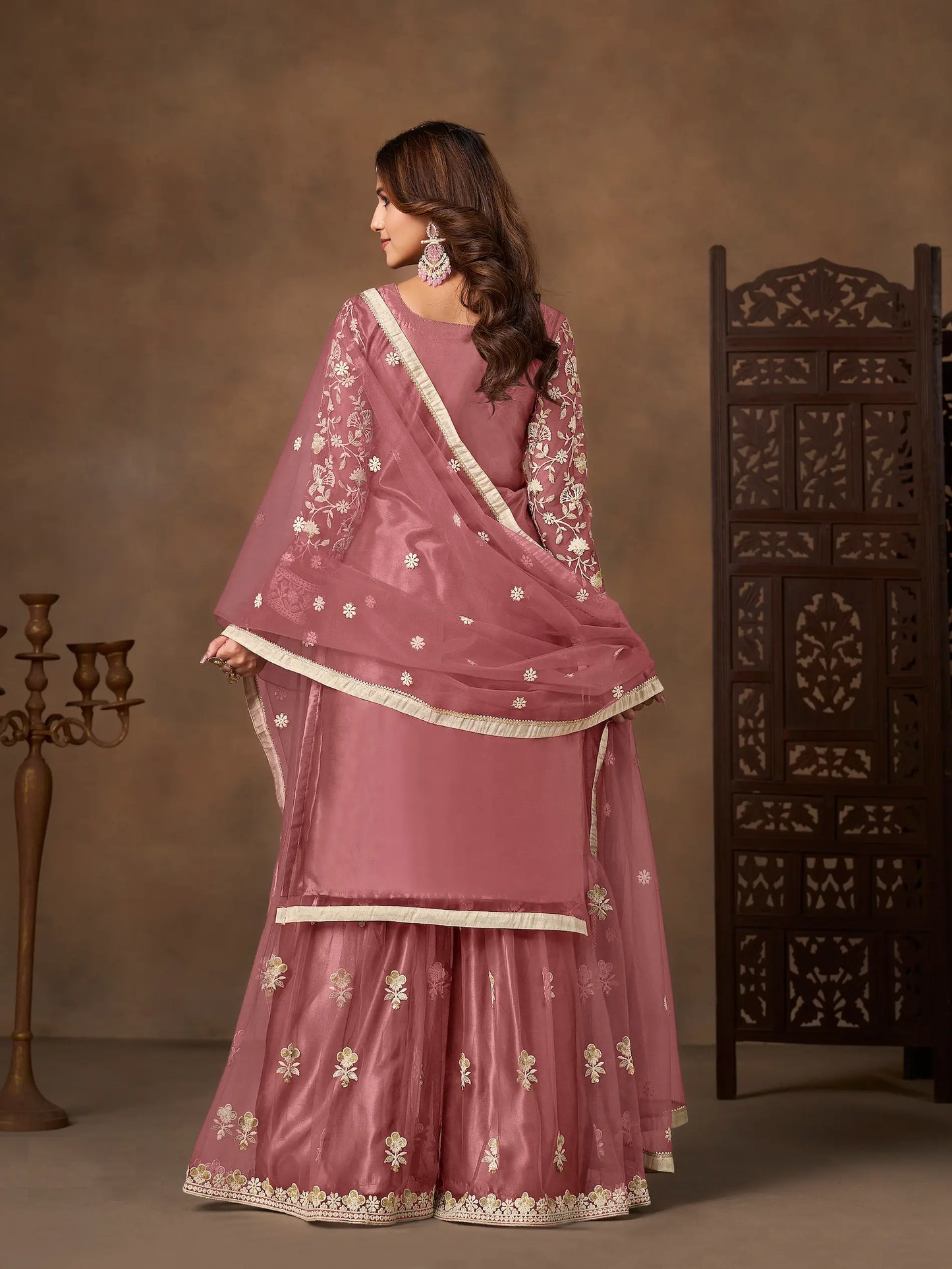 Brownish Pink Net Embroidery Palazzo Suit