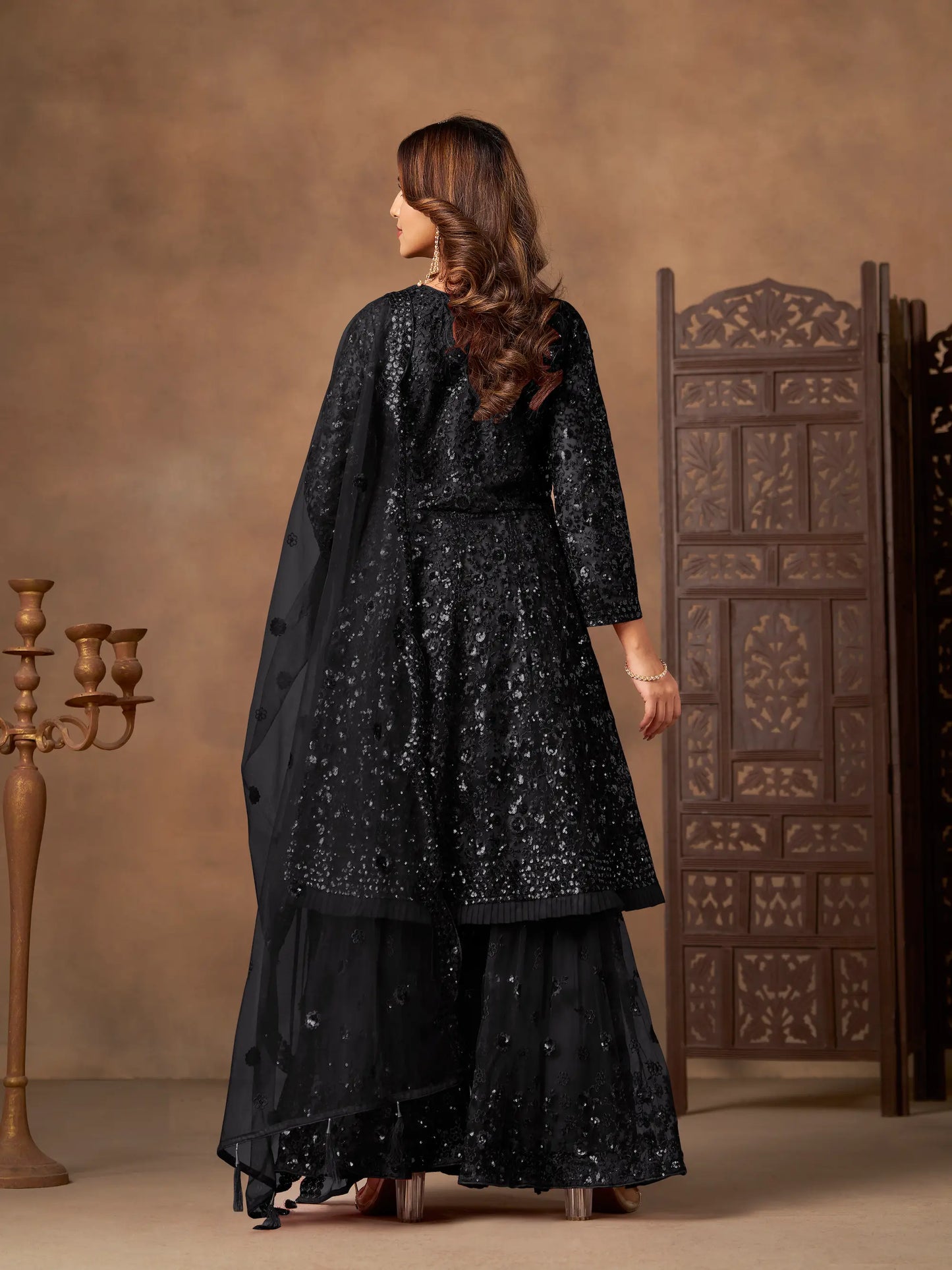 Black Net Embroidery Work Sharara Set