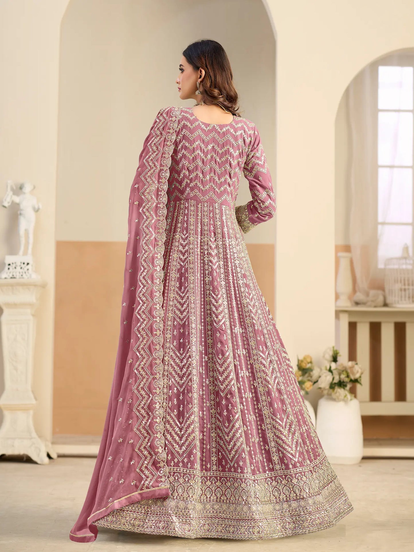 Pastel Pink Georgette Embroidery Gown