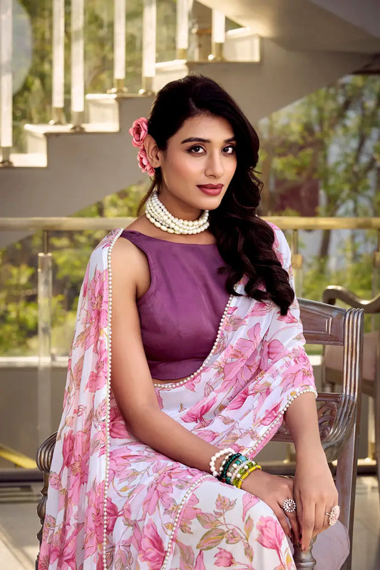 Light Pink Weightless Marbal Saree With Floral Print & Pearl Lace Border