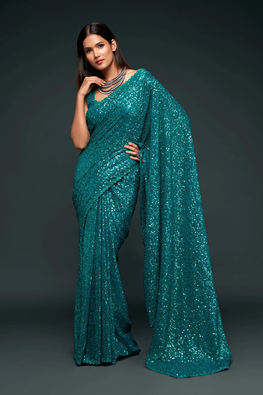 Teal Blue Georgette with Thread And Multiple Sequins Embroidery Work