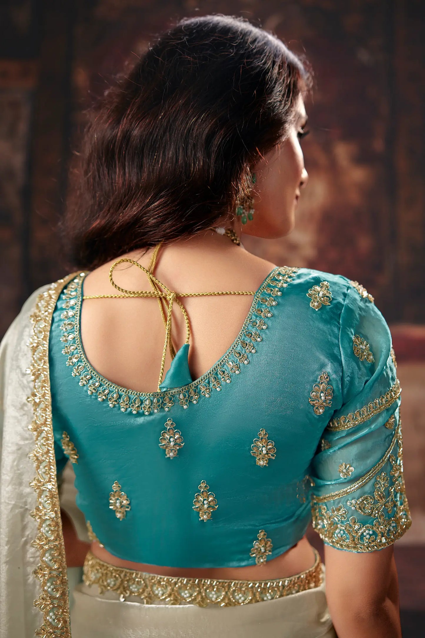 Ivory-Aqua Blue Satin Embroidered Saree