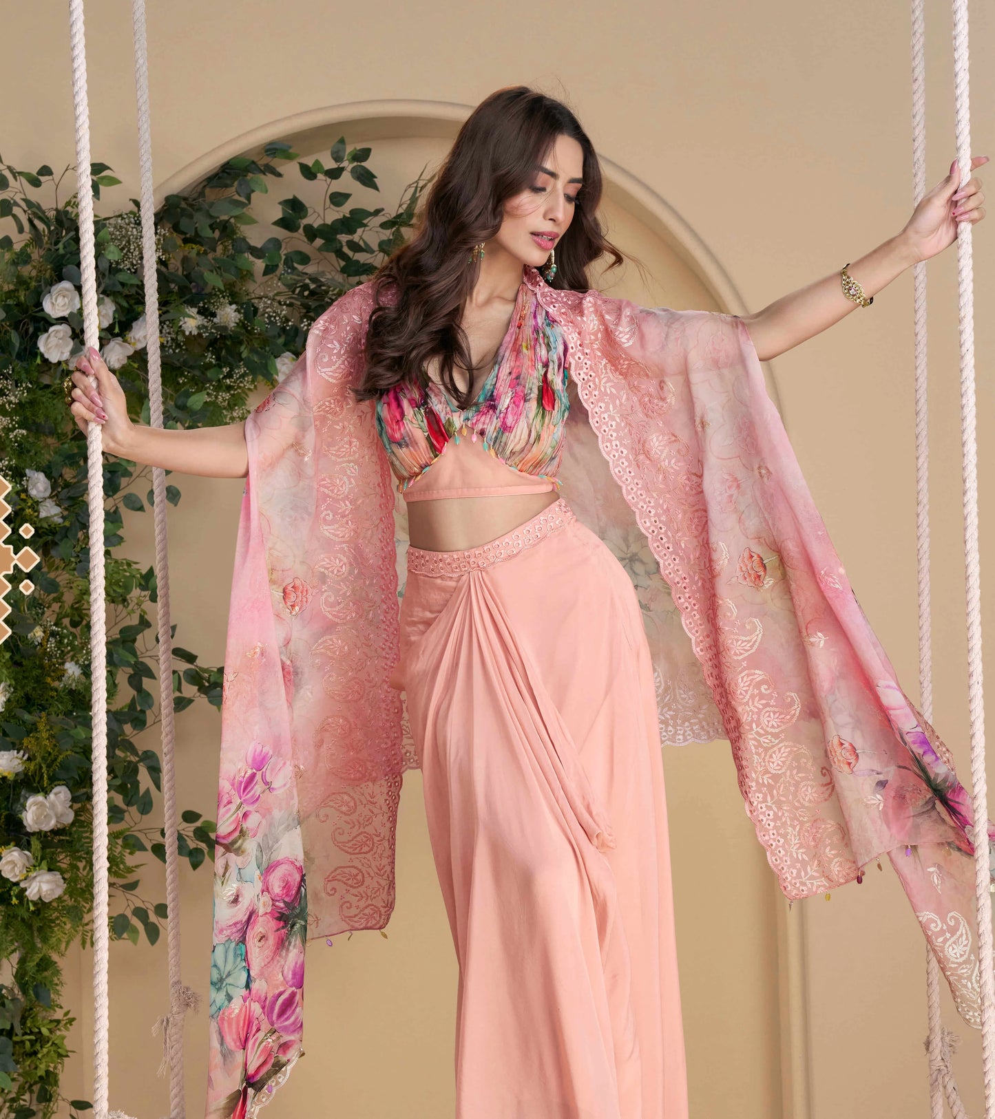 Peach Pink Embroidered Indo Western Set