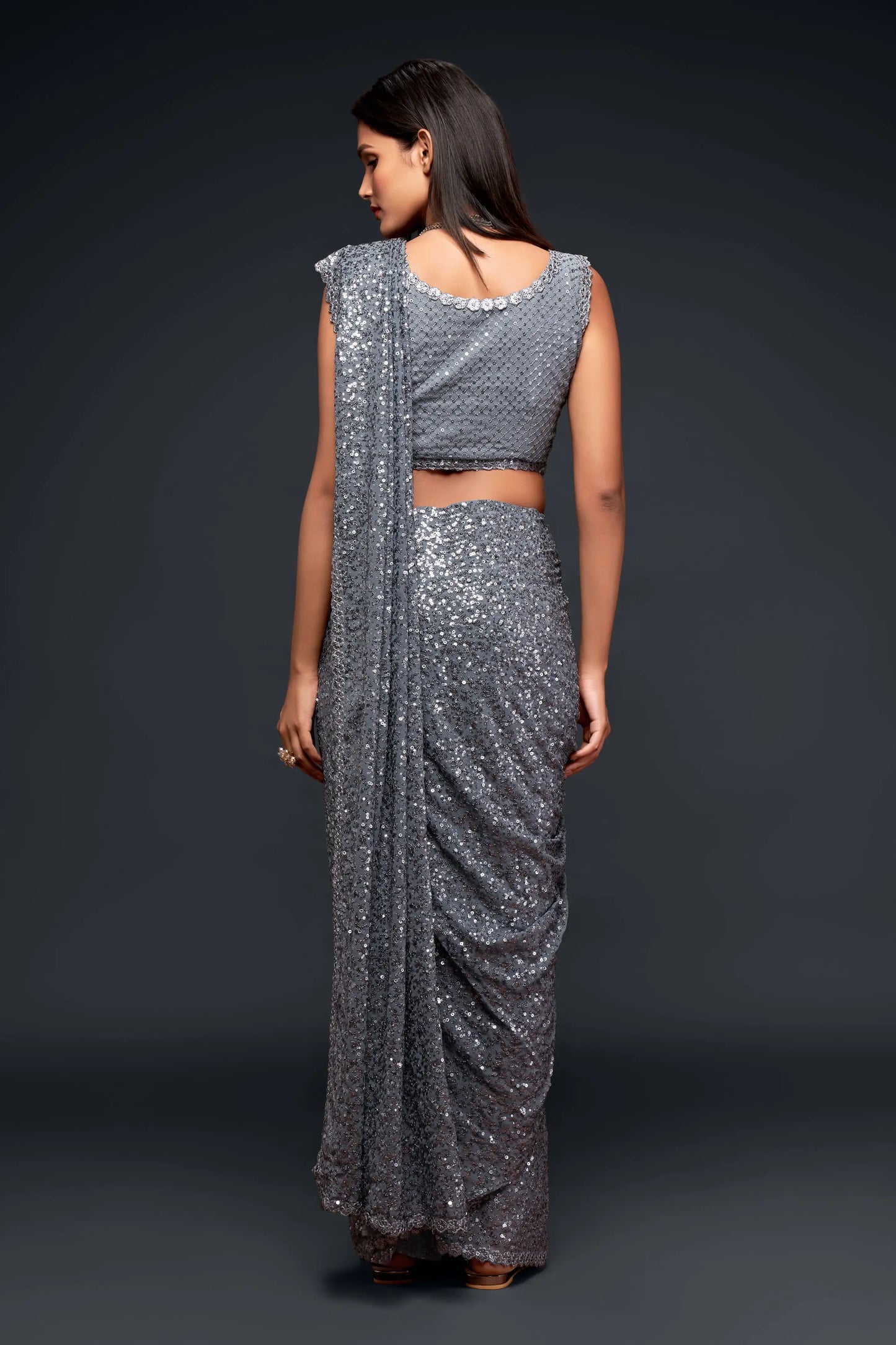Slate Grey Georgette Saree with Thread And Multiple Sequins Embroidery Work