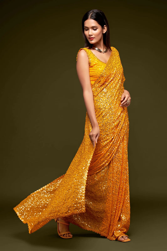 Honey Yellow Georgette with Thread And Multiple Sequins Embroidery Work