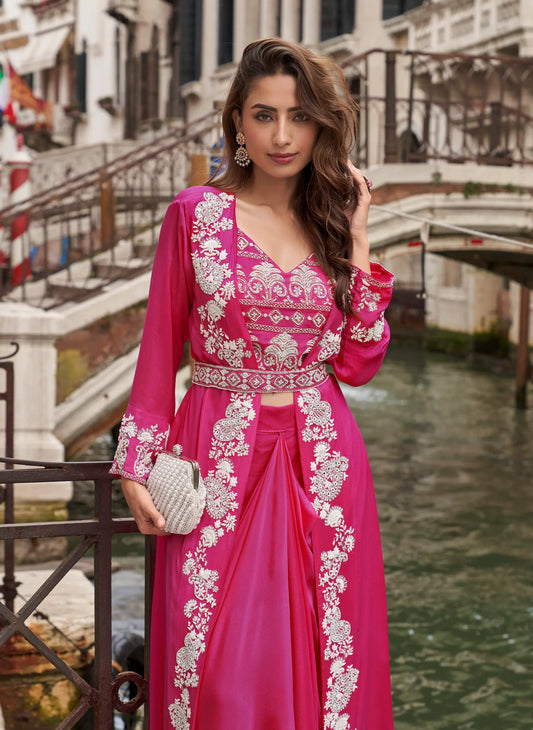Hot Pink Embroidered Indo Western Set
