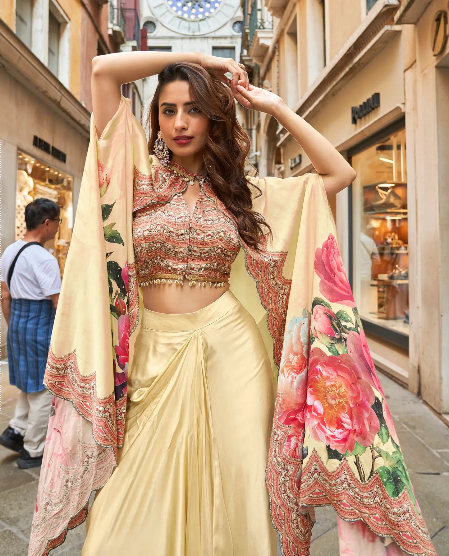 Tan Beige Indo Western Set With Print & Hand Work