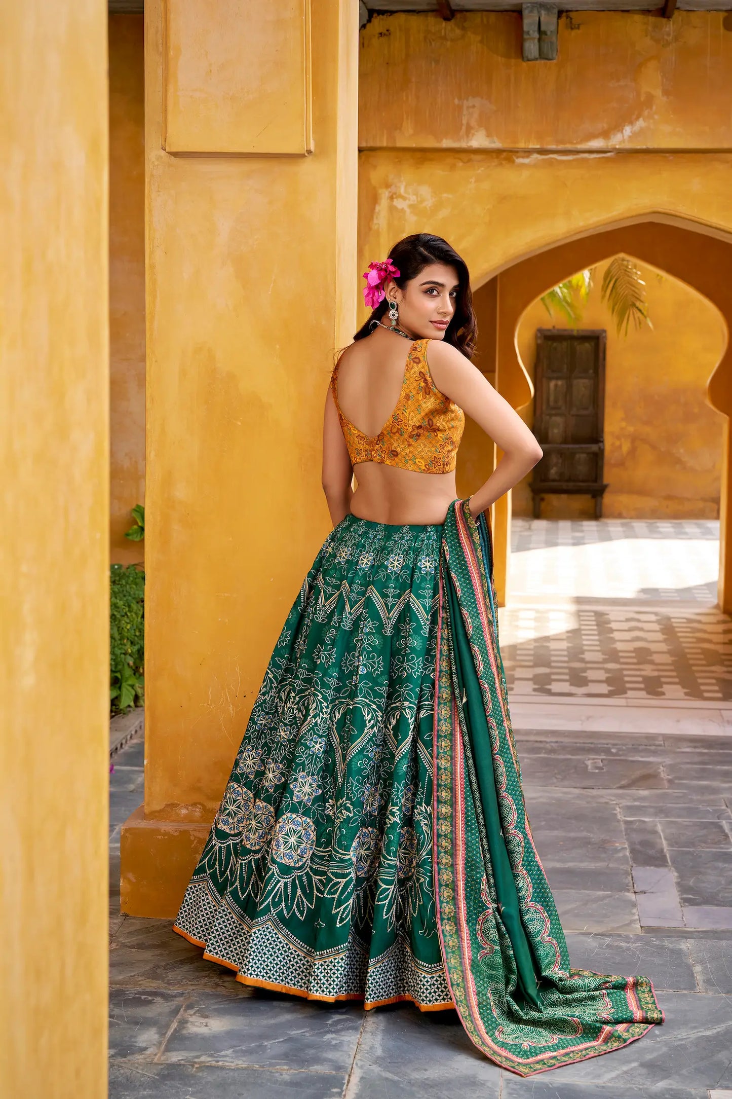 Bottle Green Silk Printed Lehenga Choli
