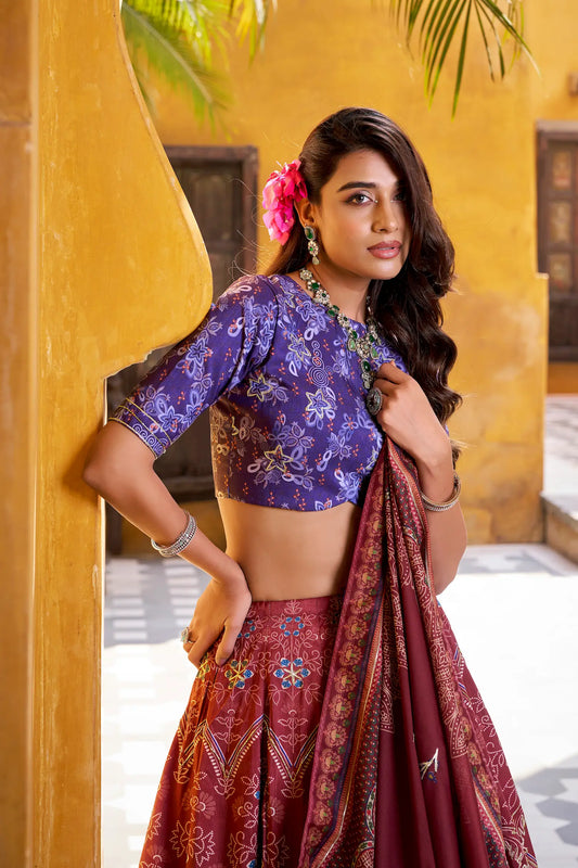 Maroon Silk Printed Lehenga Choli