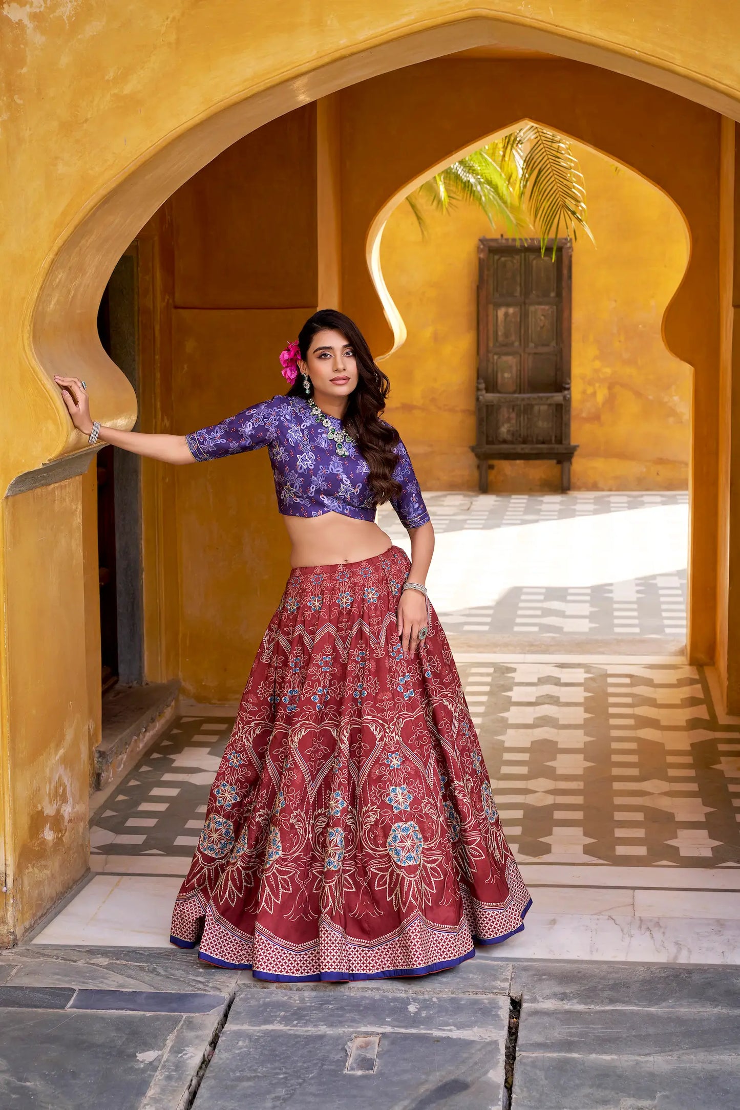 Maroon Silk Printed Lehenga Choli