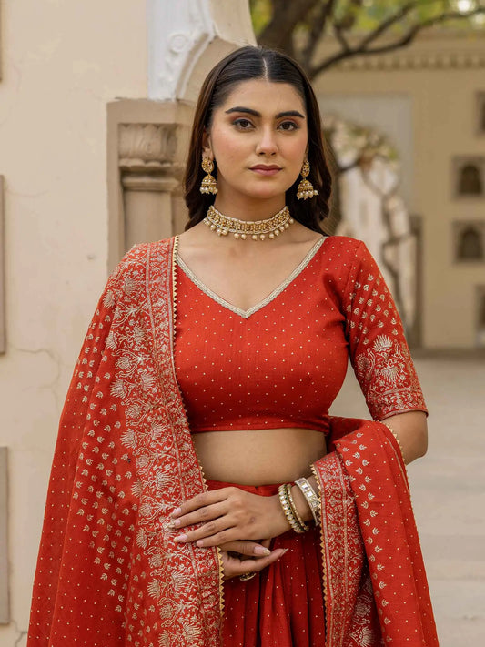 Rust Lehenga With Foil Print & Swarovski Work
