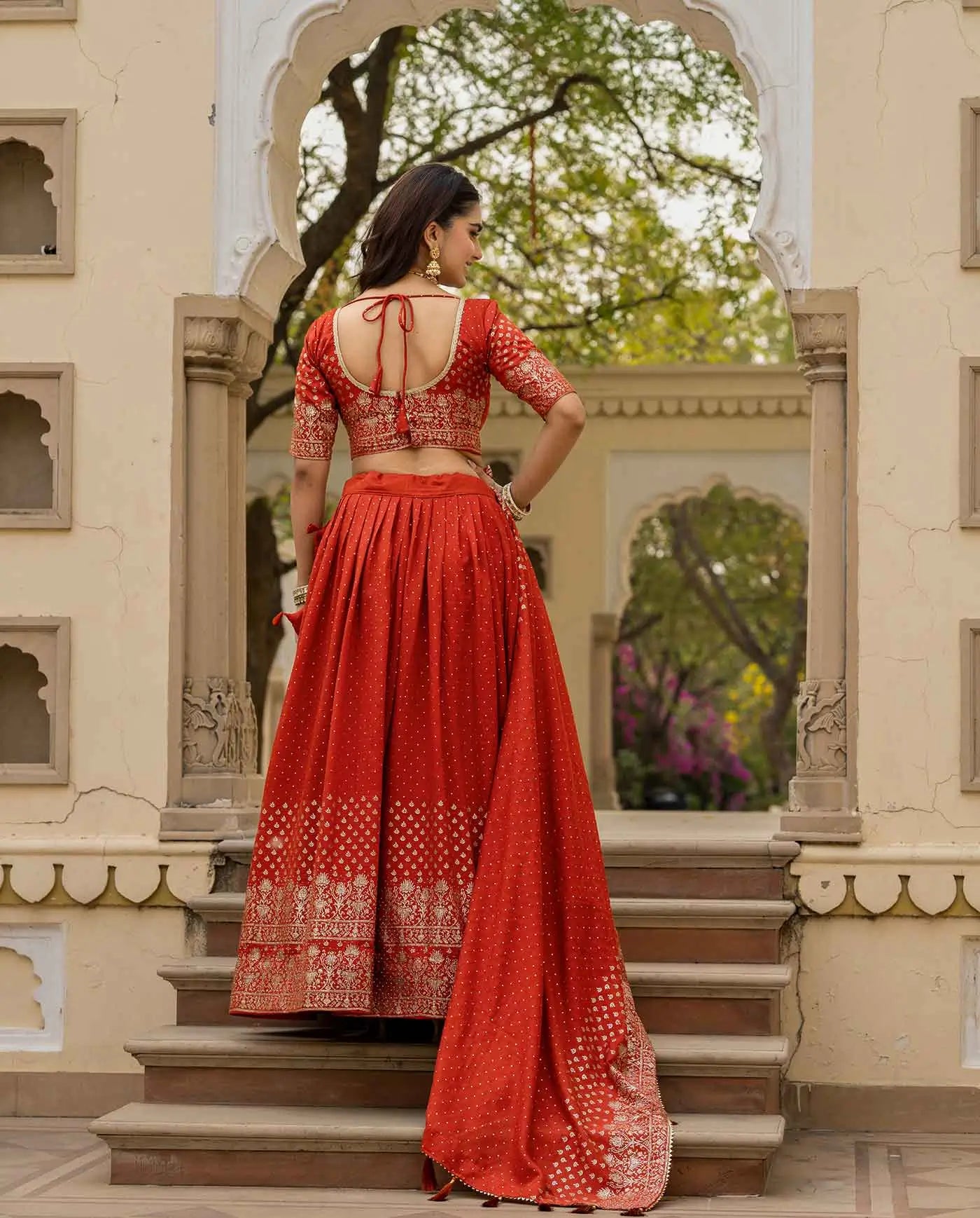 Rust Lehenga With Foil Print & Swarovski Work