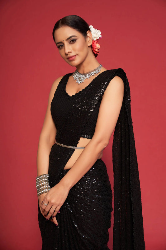 Black Georgette Saree with Thread And Multiple Sequins Embroidery Work
