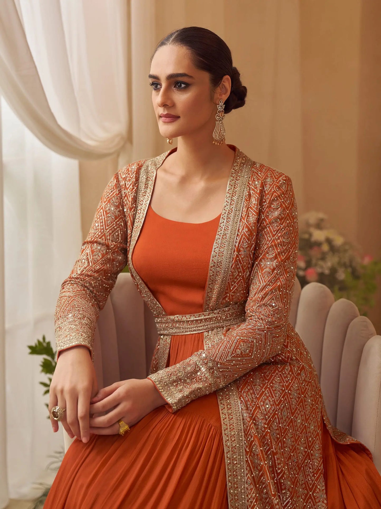 Bright Orange Gown With Embroidered Shrug