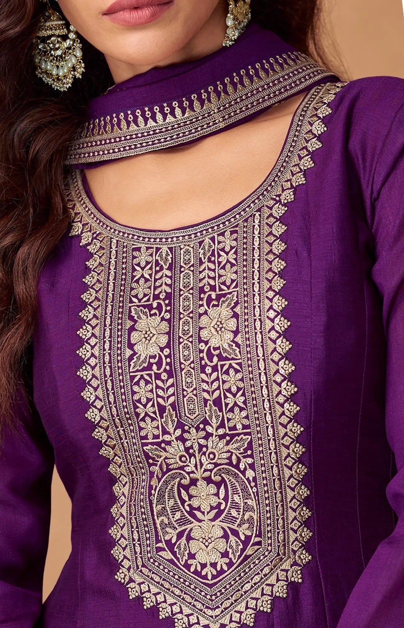 Purple Premium Silk Embroidery Work Gown