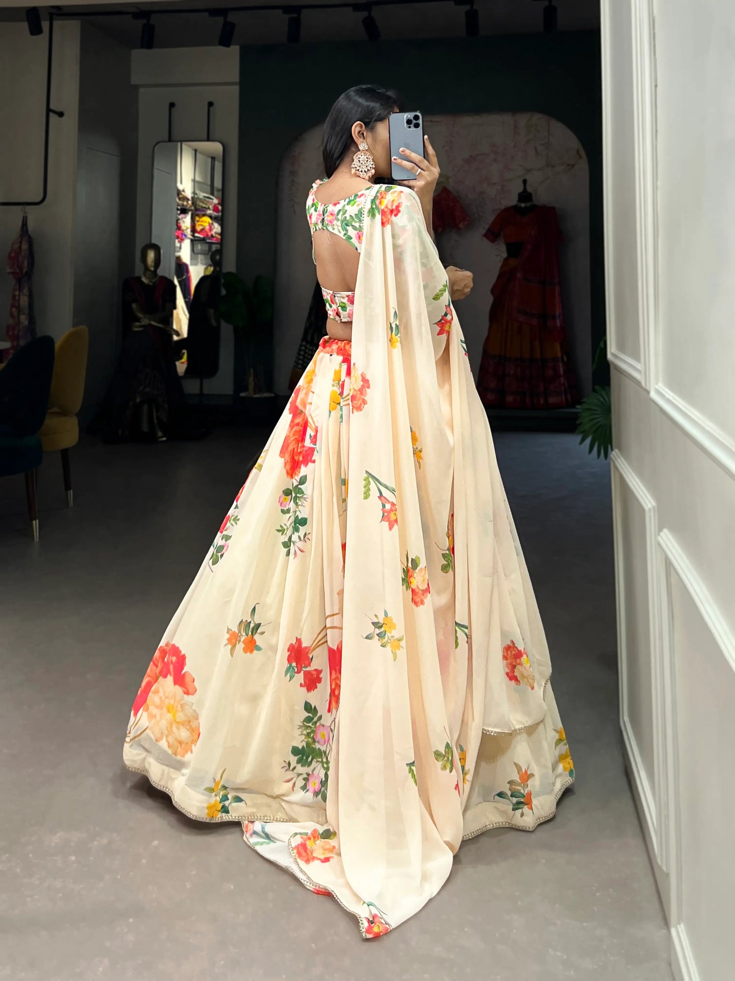 Cream Georgette Floral printed Lehenga Choli
