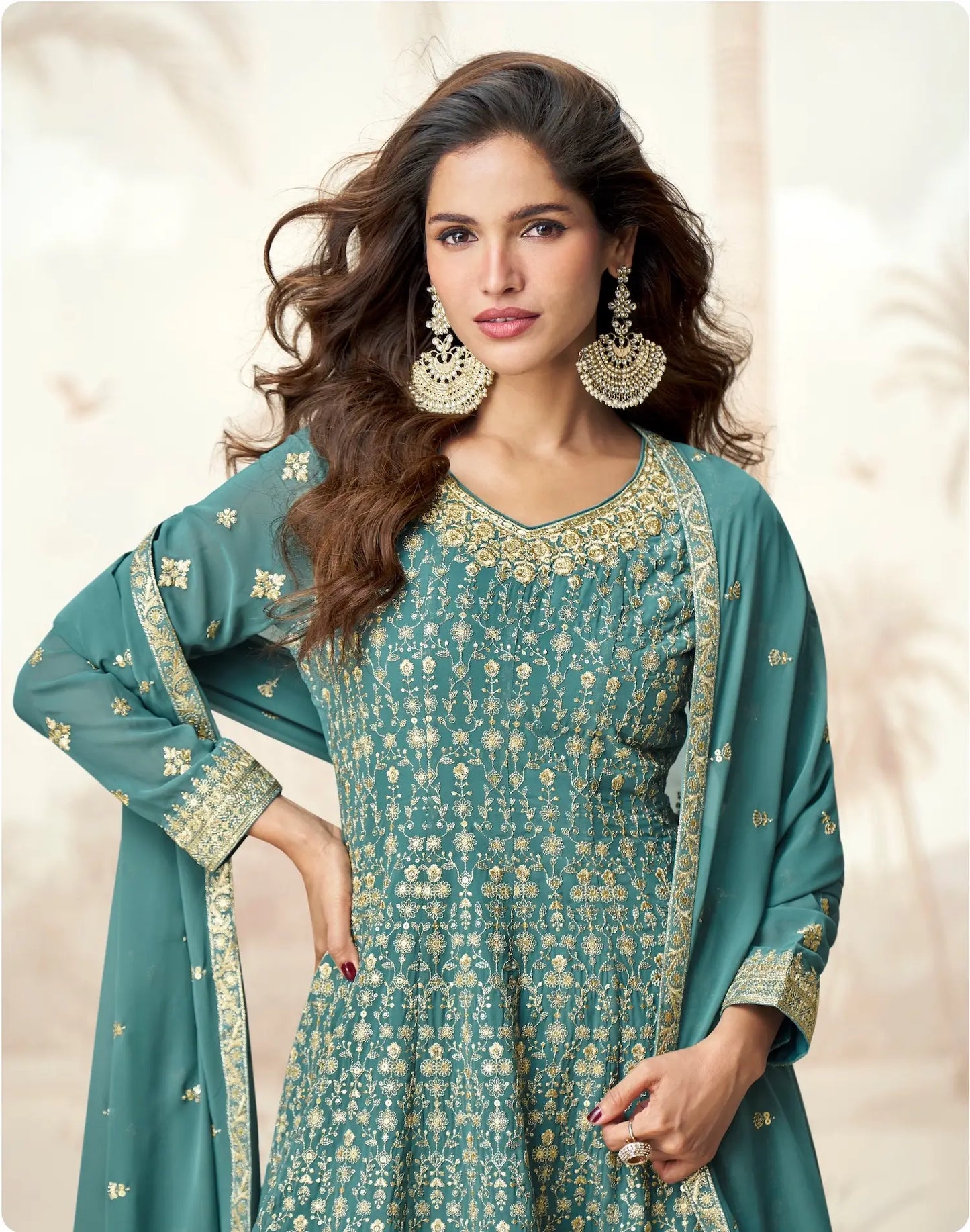 Greyish Teal Georgette Embroidery Work Palazzo Suit