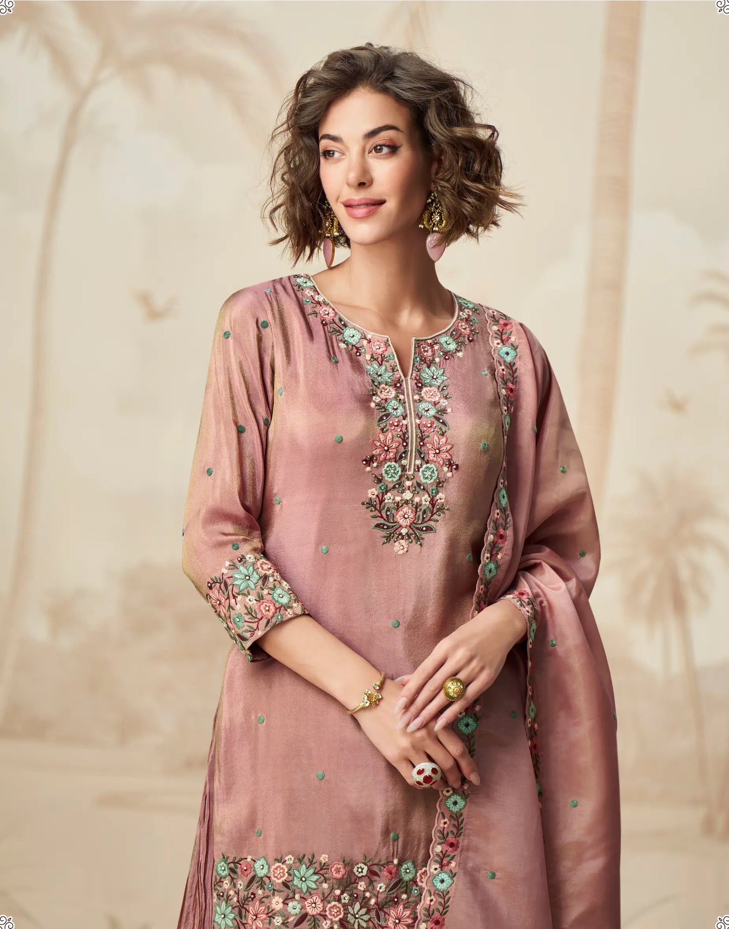 Dusty Pink Shimmer Silk Embroidery Work Salwar Suit