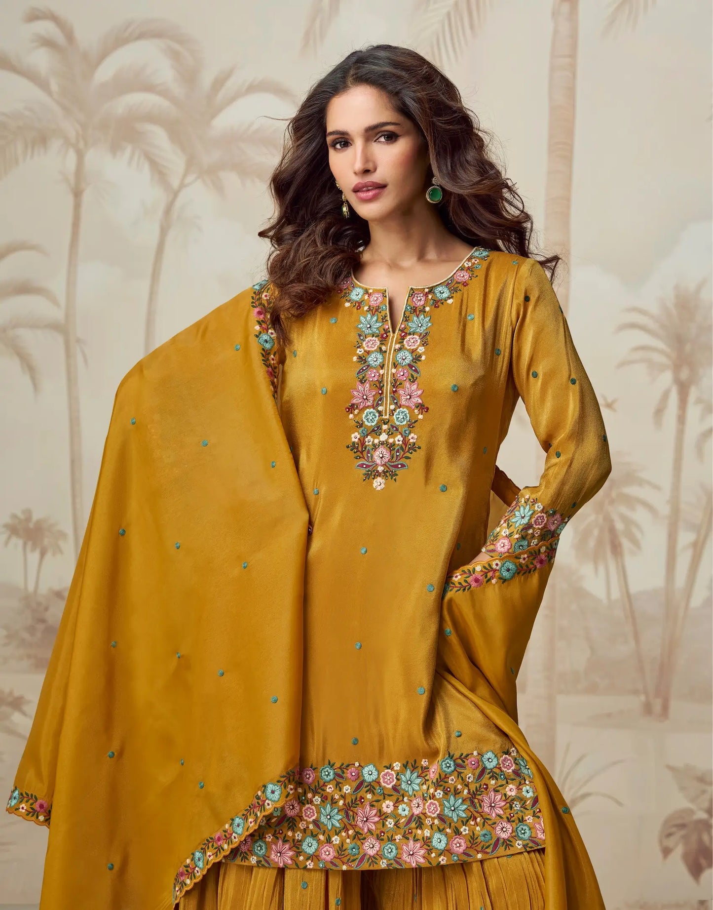 Golden Yellow Shimmer Silk Embroidery Work Salwar Suit