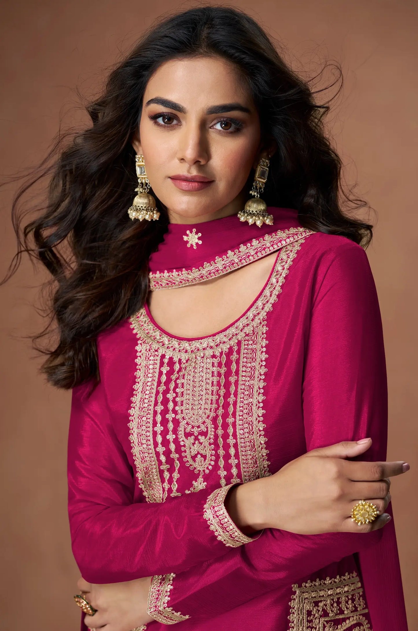 Dark Pink Chinon Silk Embroidery Work Palazzo Suit