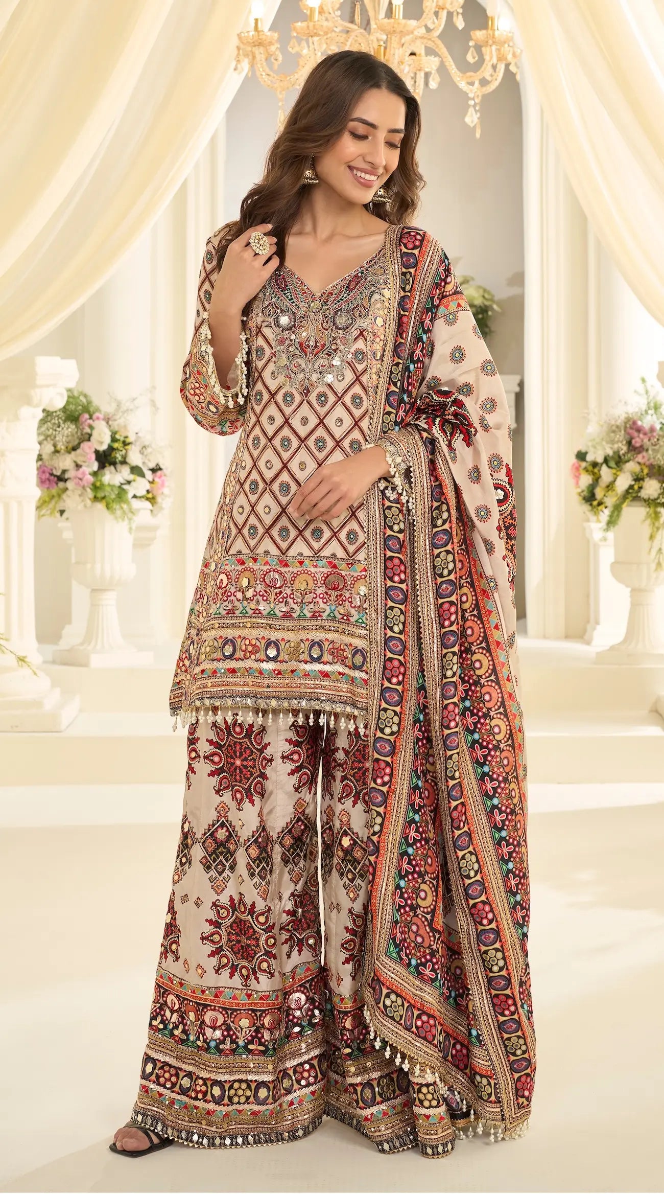 White Silk Salwar Suit With Print & Aari Work