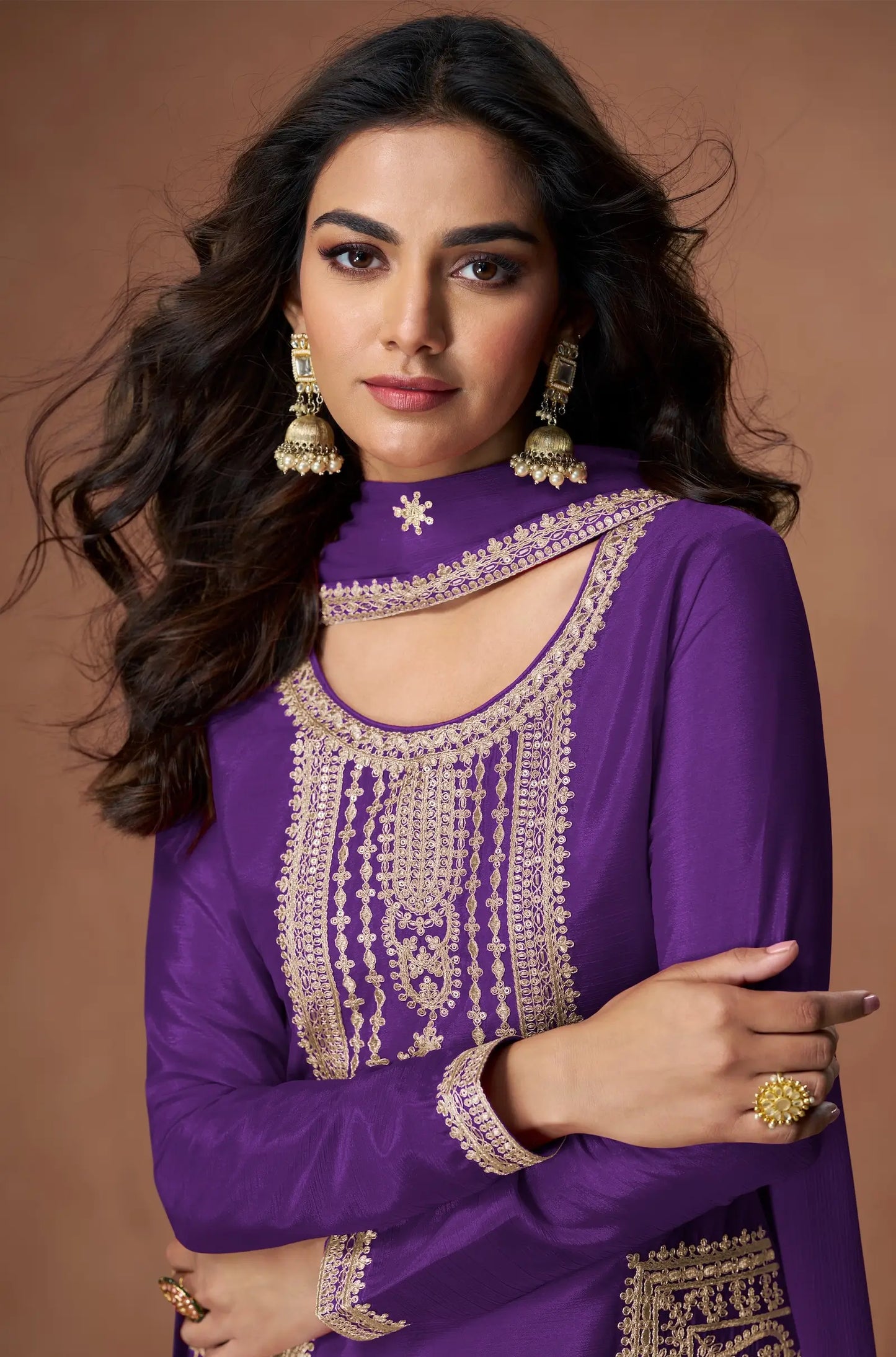 Iris Purple Chinon Silk Embroidery Work Palazzo Suit