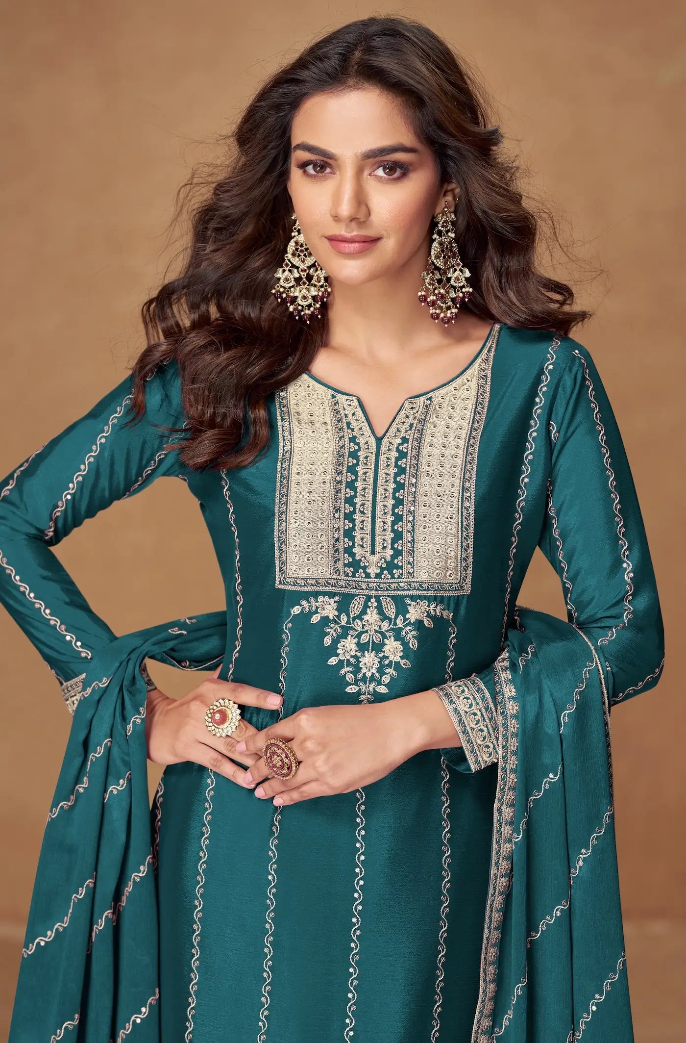 Dark Teal Chinon Silk Palazzo Suit With Embroidery Work