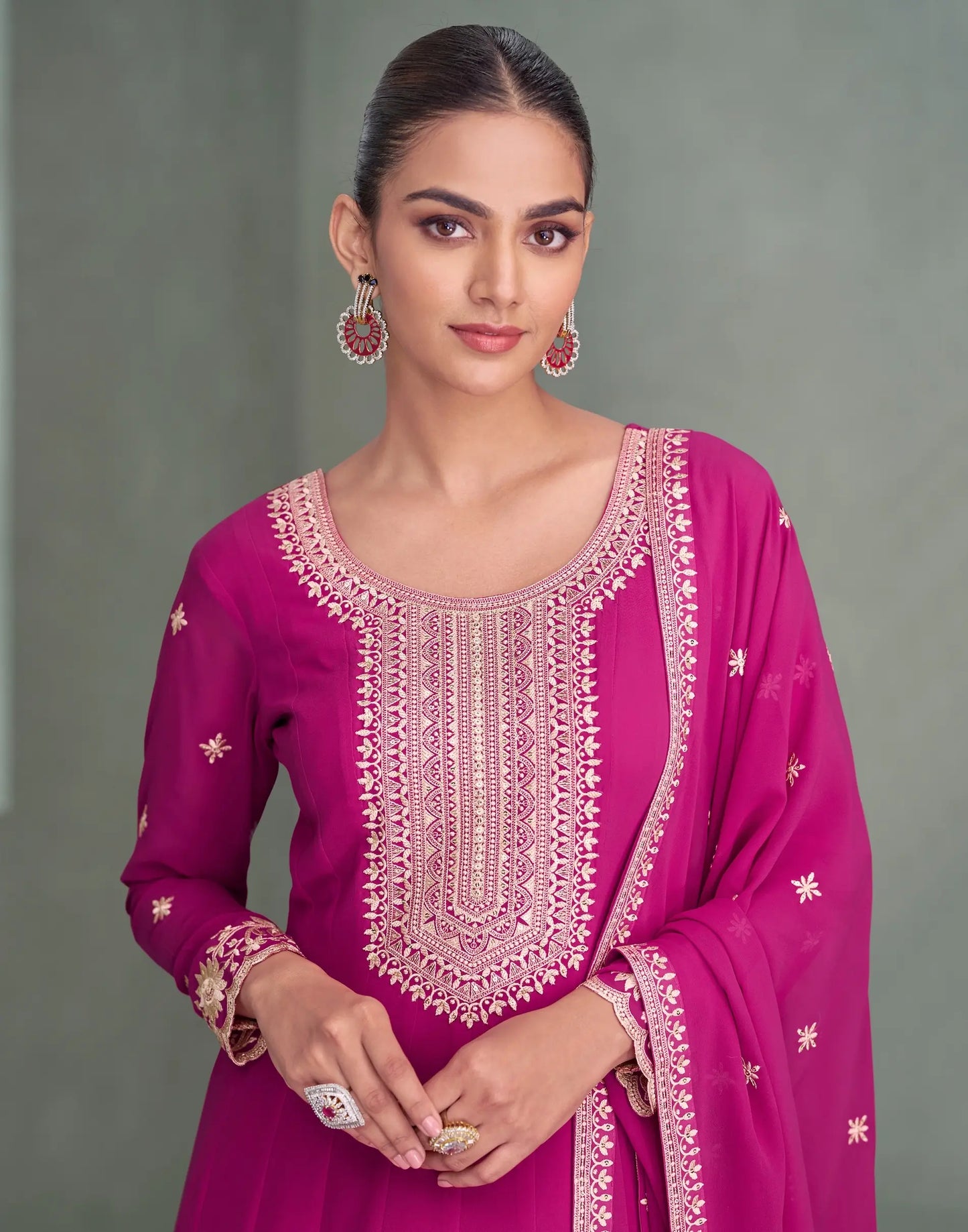Rani Pink Georgette Embroidery Work Gown