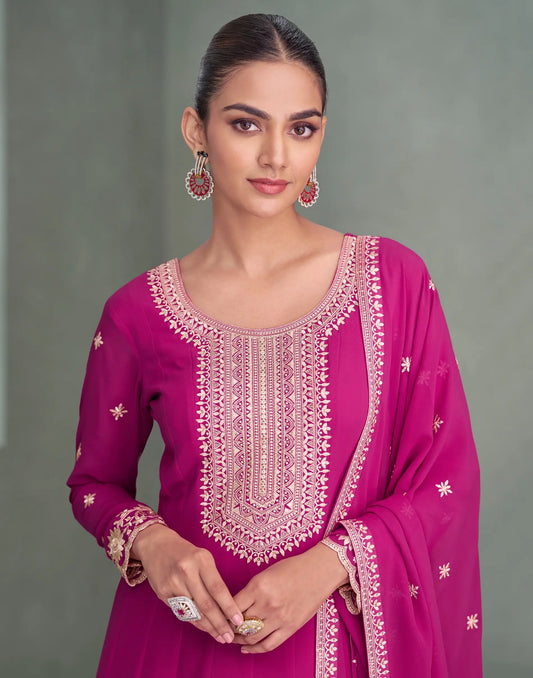 Rani Pink Georgette Embroidery Work Gown