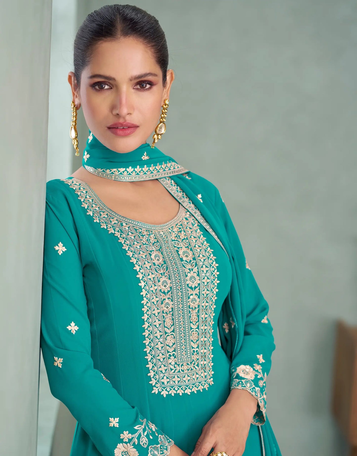 Teal Blue Georgette Embroidery Work Gown