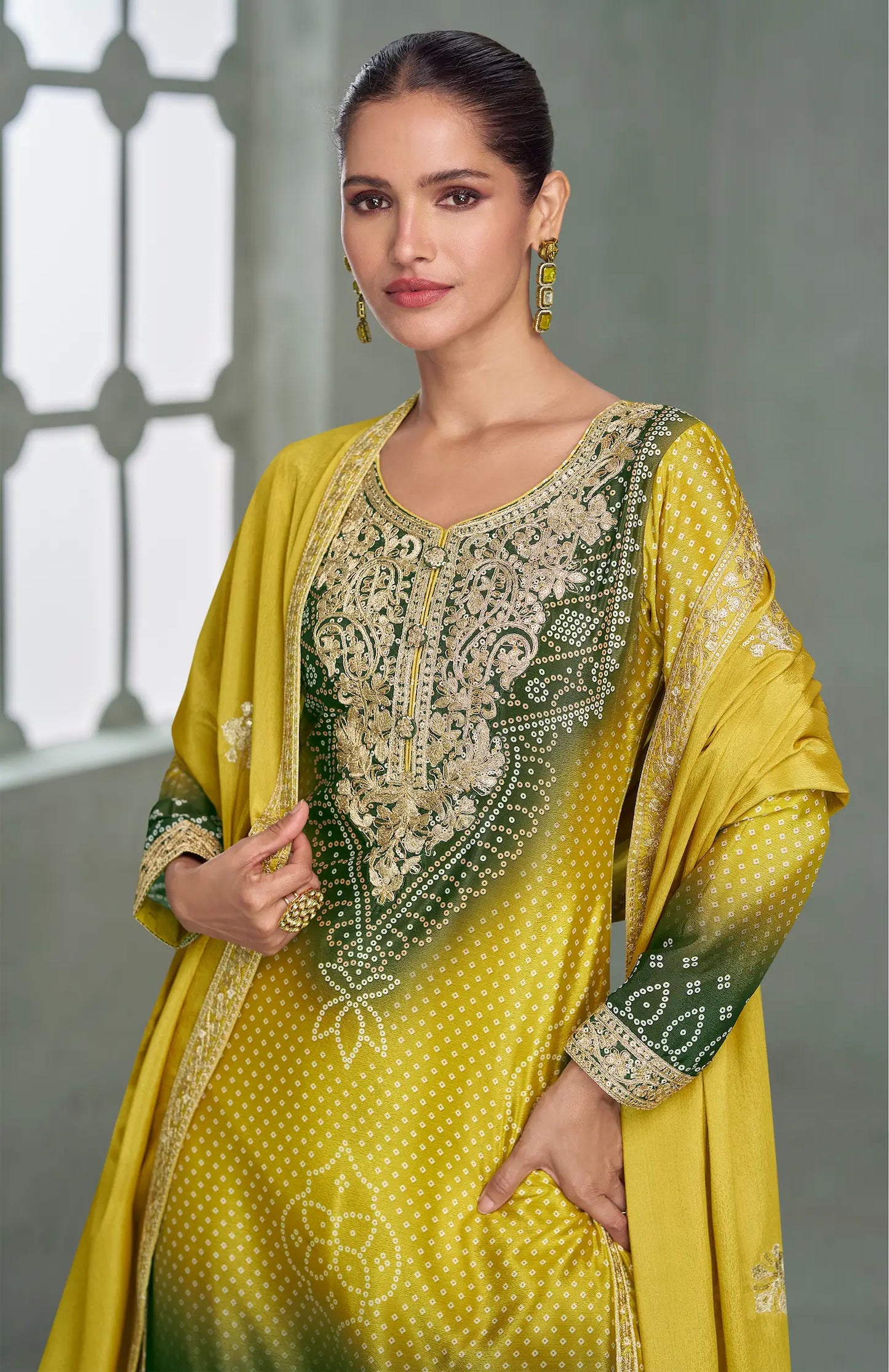 Lime Yellow Chinon Silk Embroidery Palazzo Suit