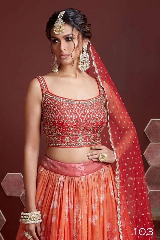 Sunrise Orange Lehenga With Digital Print And Heavy Embroidery Work With Sarvoski And Real Mirror Work