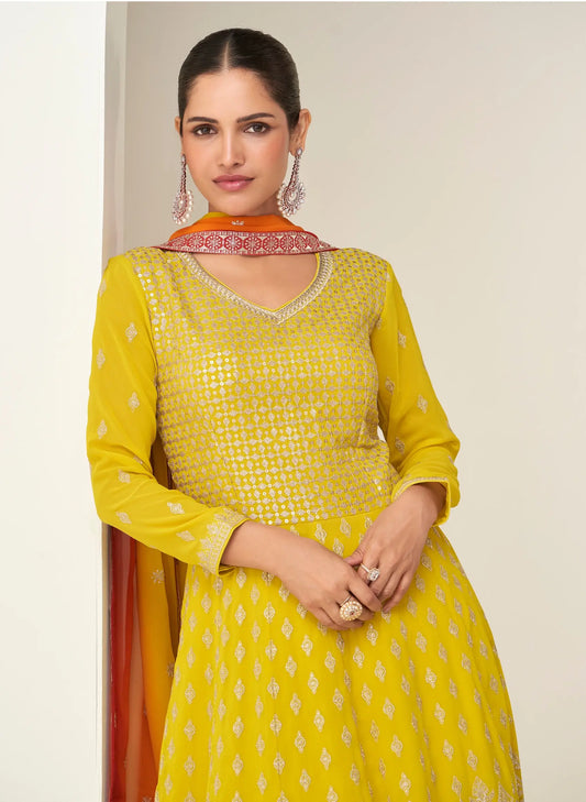 Bee Yellow Georgette Embroidery Work Gown