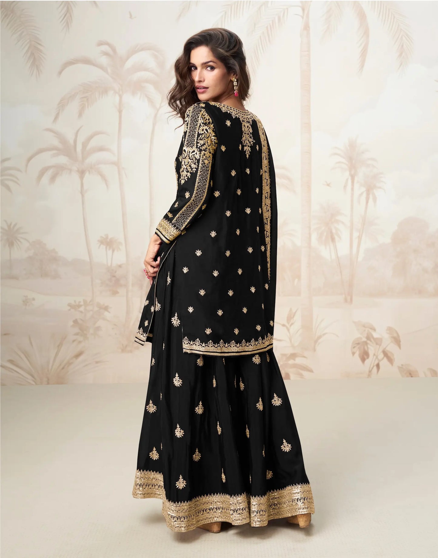 Black Chinon Silk Embroidery Work Salwar Suit