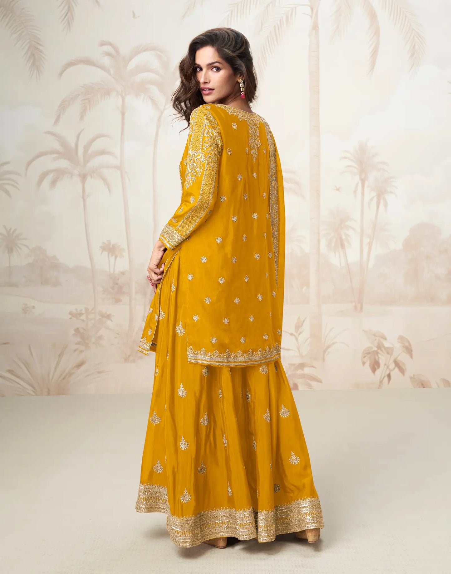 Golden Yellow Chinon Silk Embroidery Work Salwar Suit