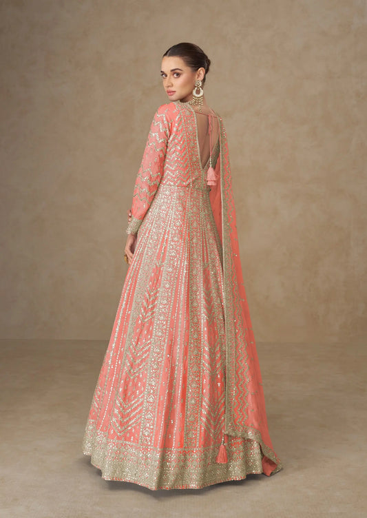 Dark Peach Chinon Silk Embroidery Gown