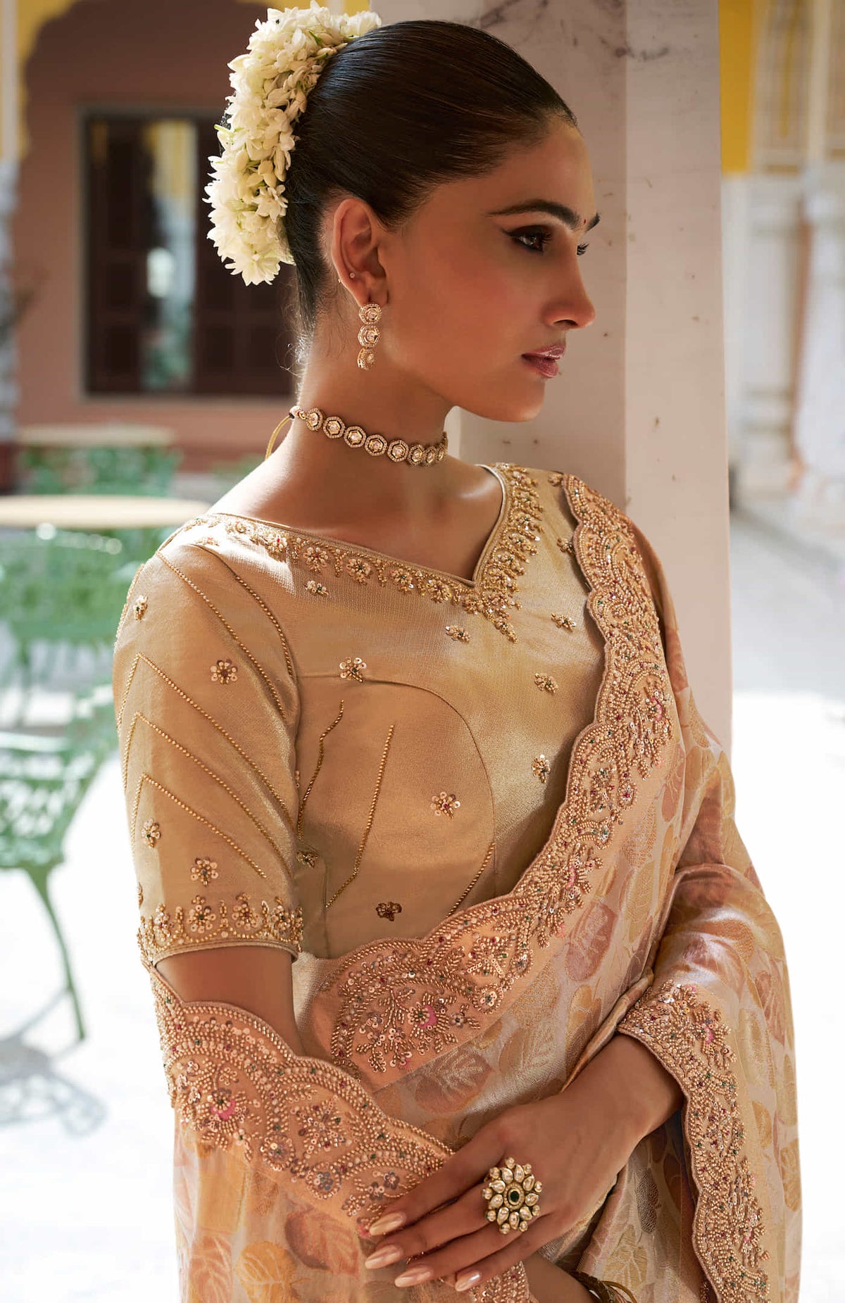 Golden Beige Kanjivaram silk Bead Work Saree