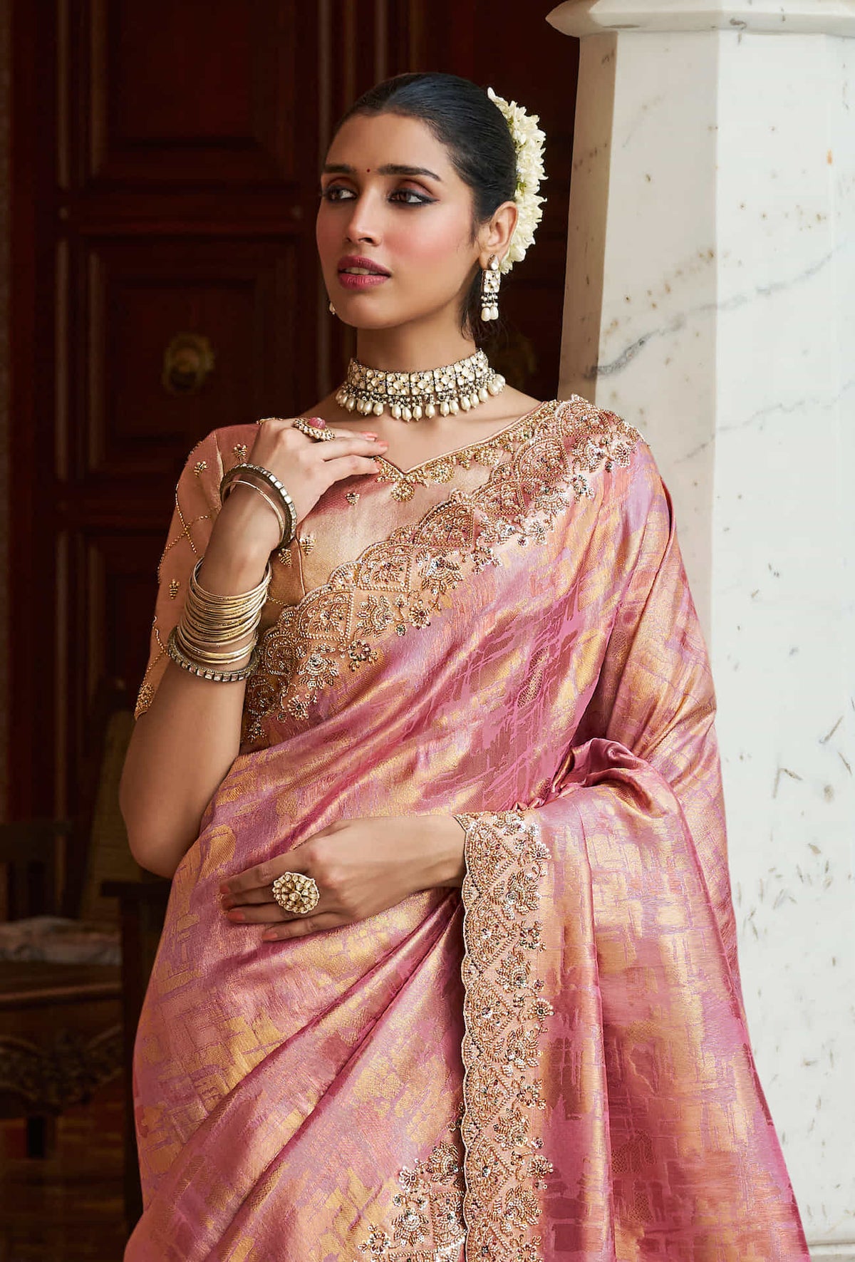Rosy Pink Kanjivaram silk Bead Work Saree
