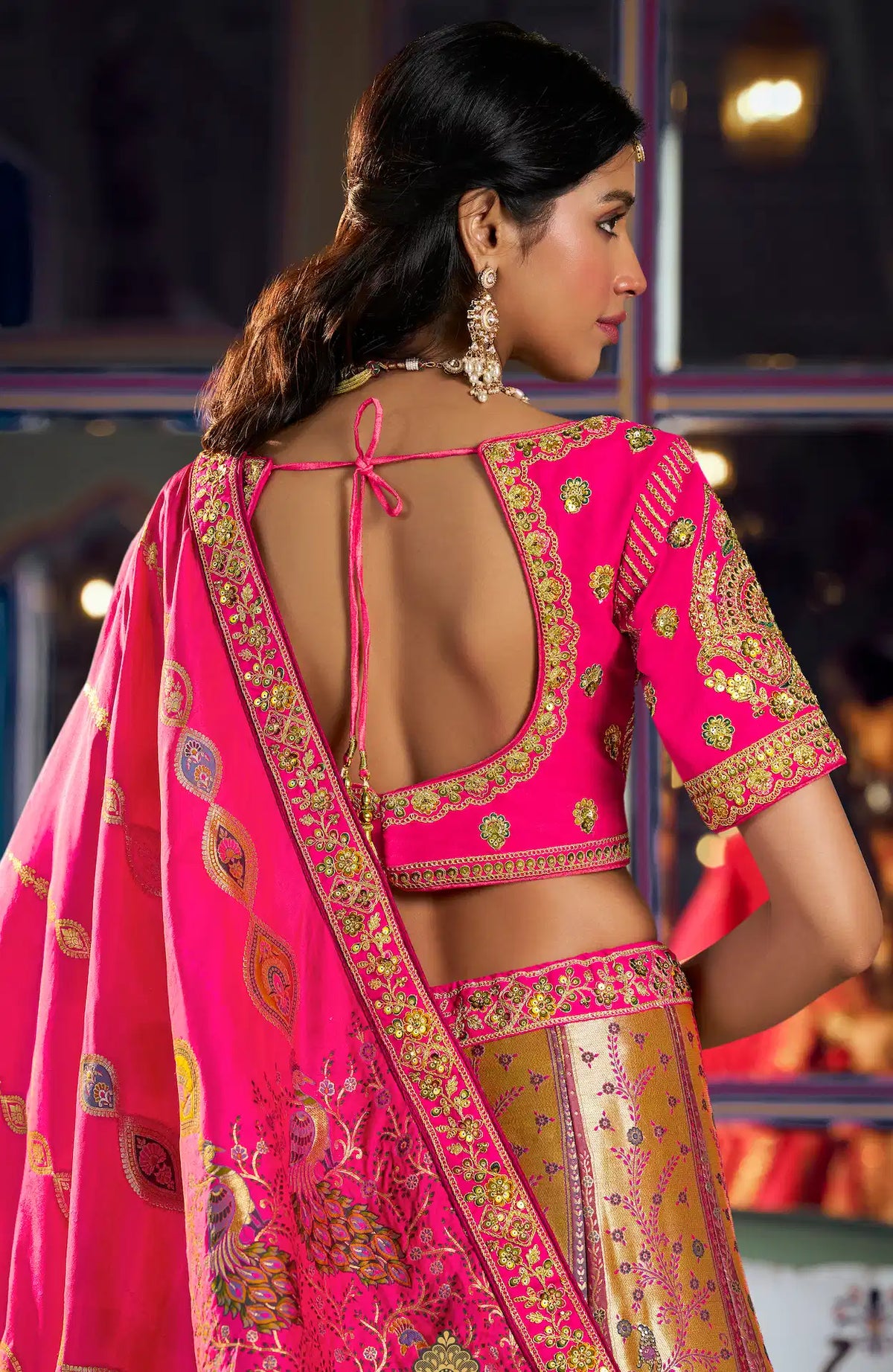 Golden-Pink Banarasi Silk Heavy Embroidery Lehenga