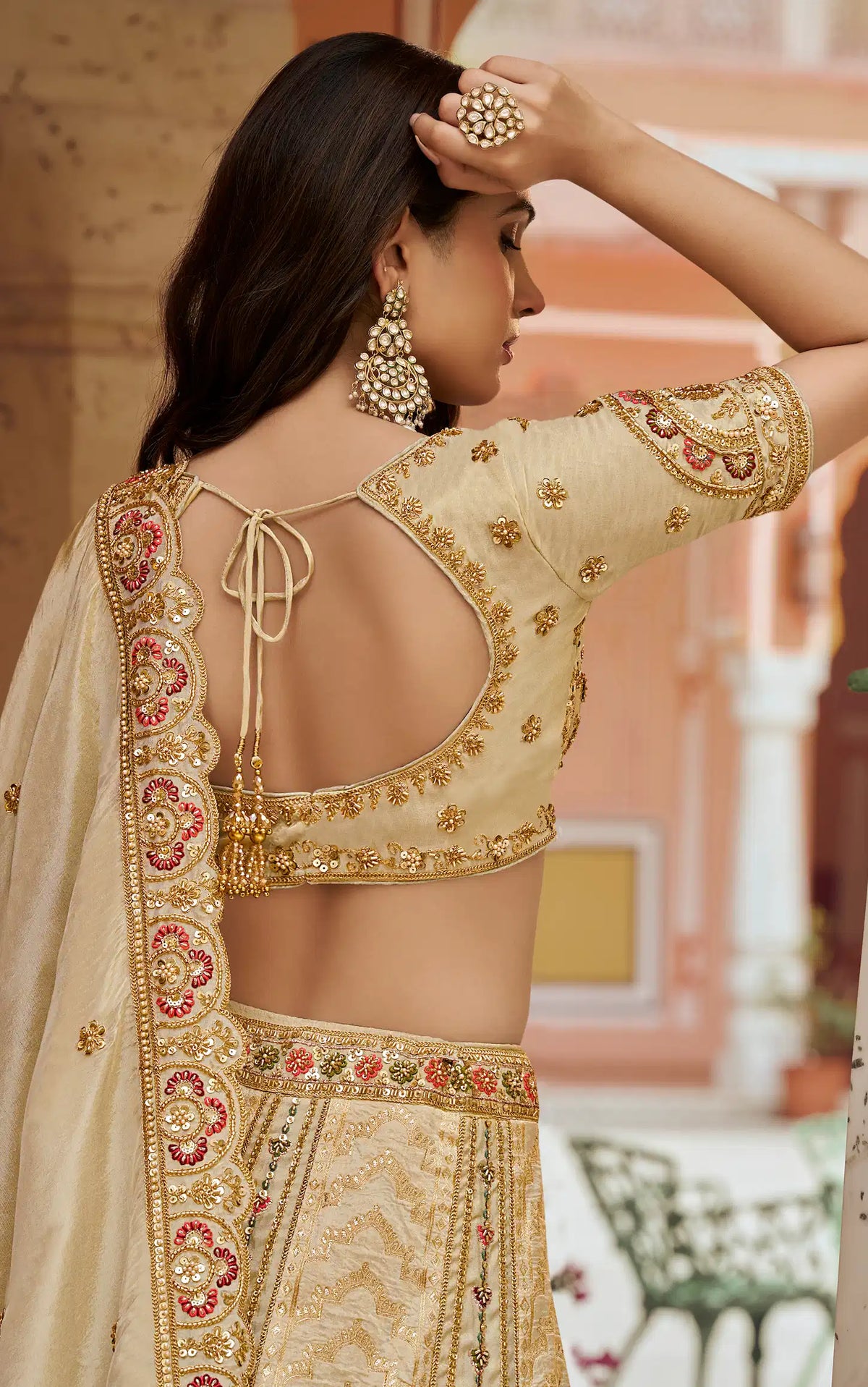 Ivory Gold Banarasi Silk Heavy Embroidery Lehenga