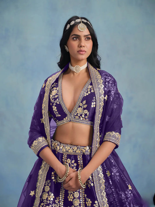 Purple Art Silk Thread & Sequence Embroidery Work Lehenga Choli