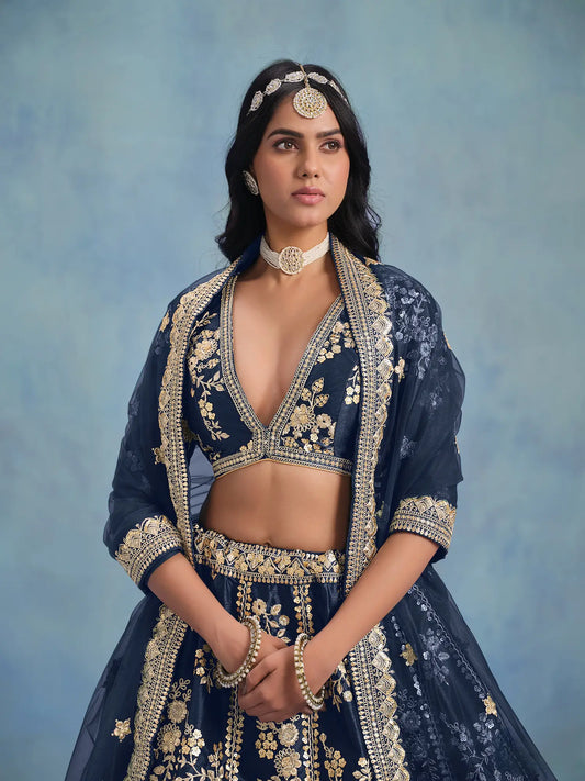 Navy Blue Art Silk Thread & Sequence Embroidery Work Lehenga Choli