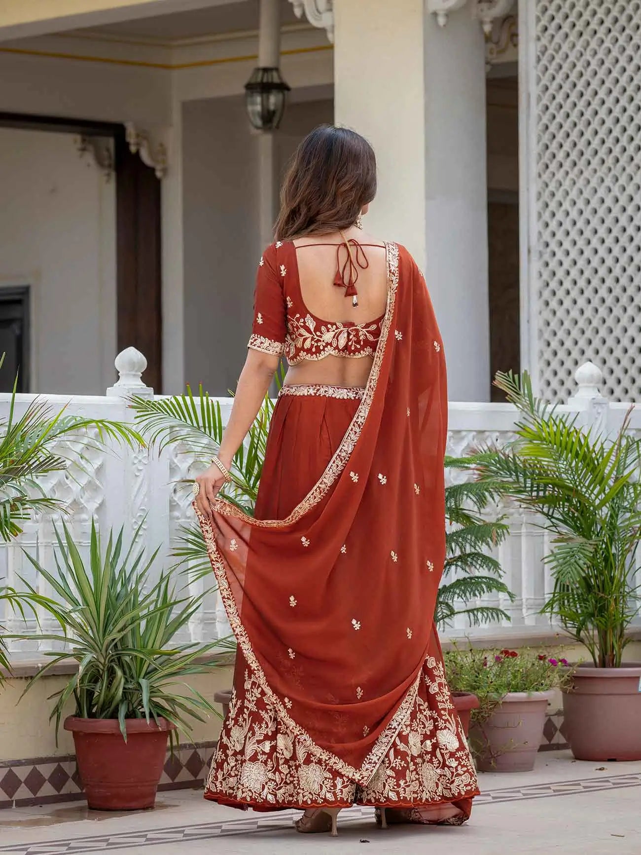 Rust Embroidered Silk Lehenga Choli