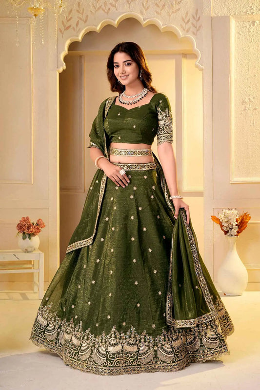 Dark Green Embroidered Silk Lehenga Choli