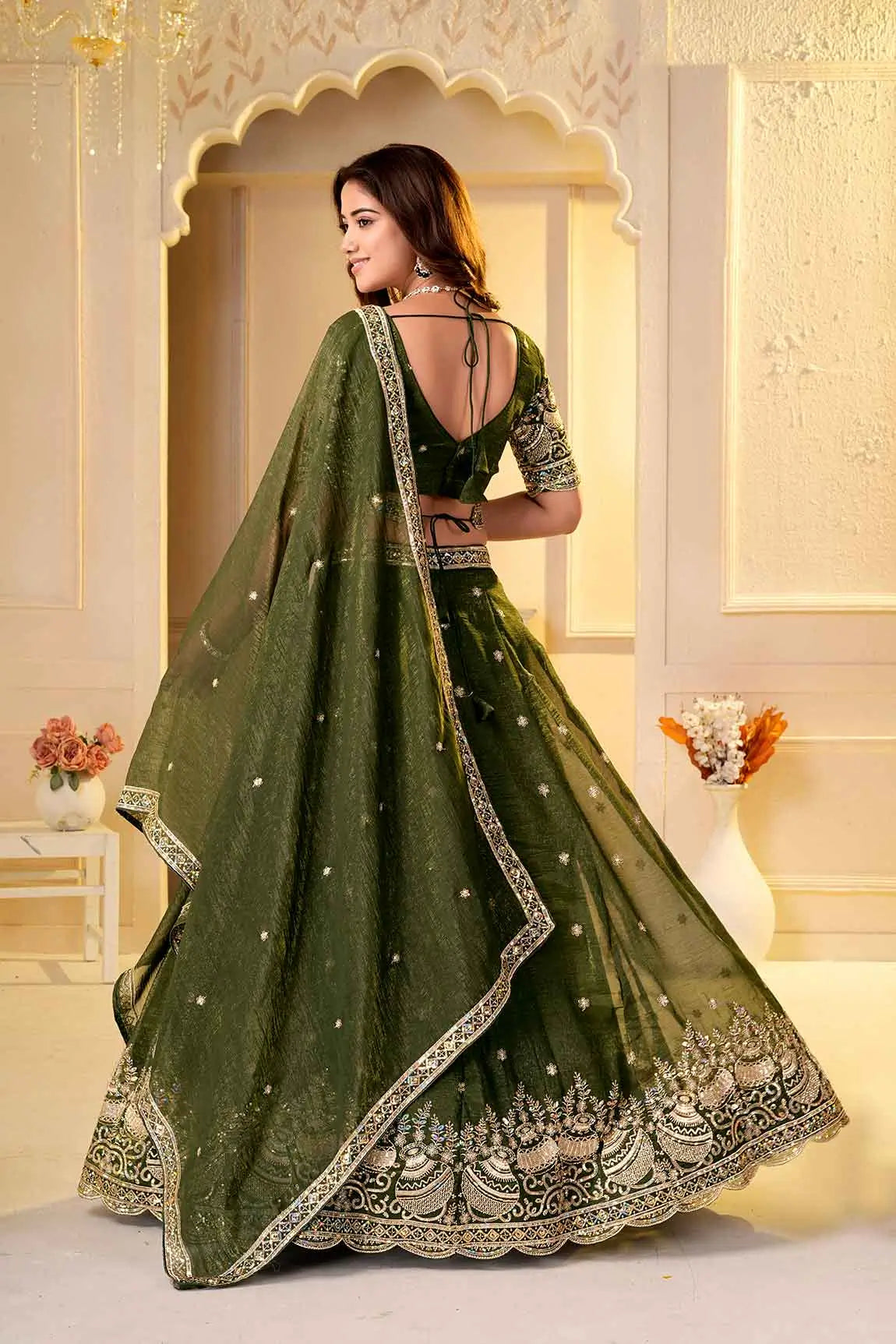 Dark Green Embroidered Silk Lehenga Choli