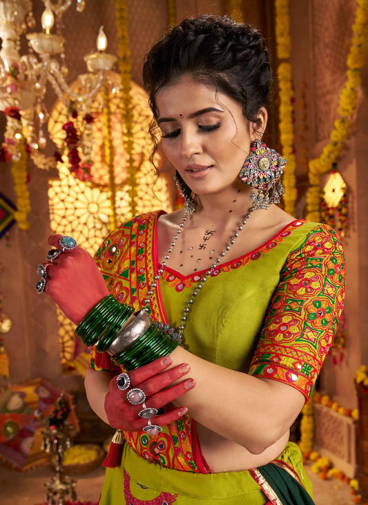 Fluorescent Green Navratri Lehenga With Embroidery & Mirror Work Colorful Dupatta