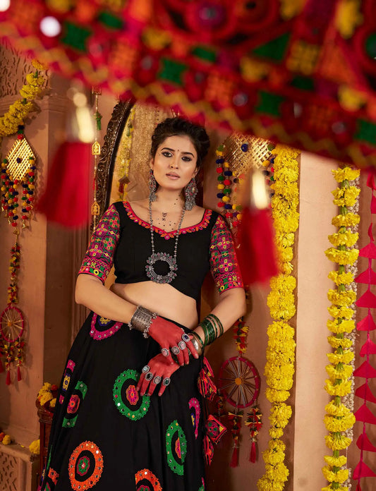 Black Navratri Lehenga With Embroidery & Mirror Work And Colorful Dupatta